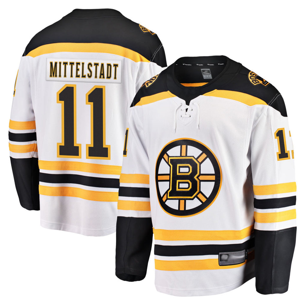 B.Bruins #11 Casey Mittelstadt Player Fanatics Breakaway White Home Hockey Jerseys