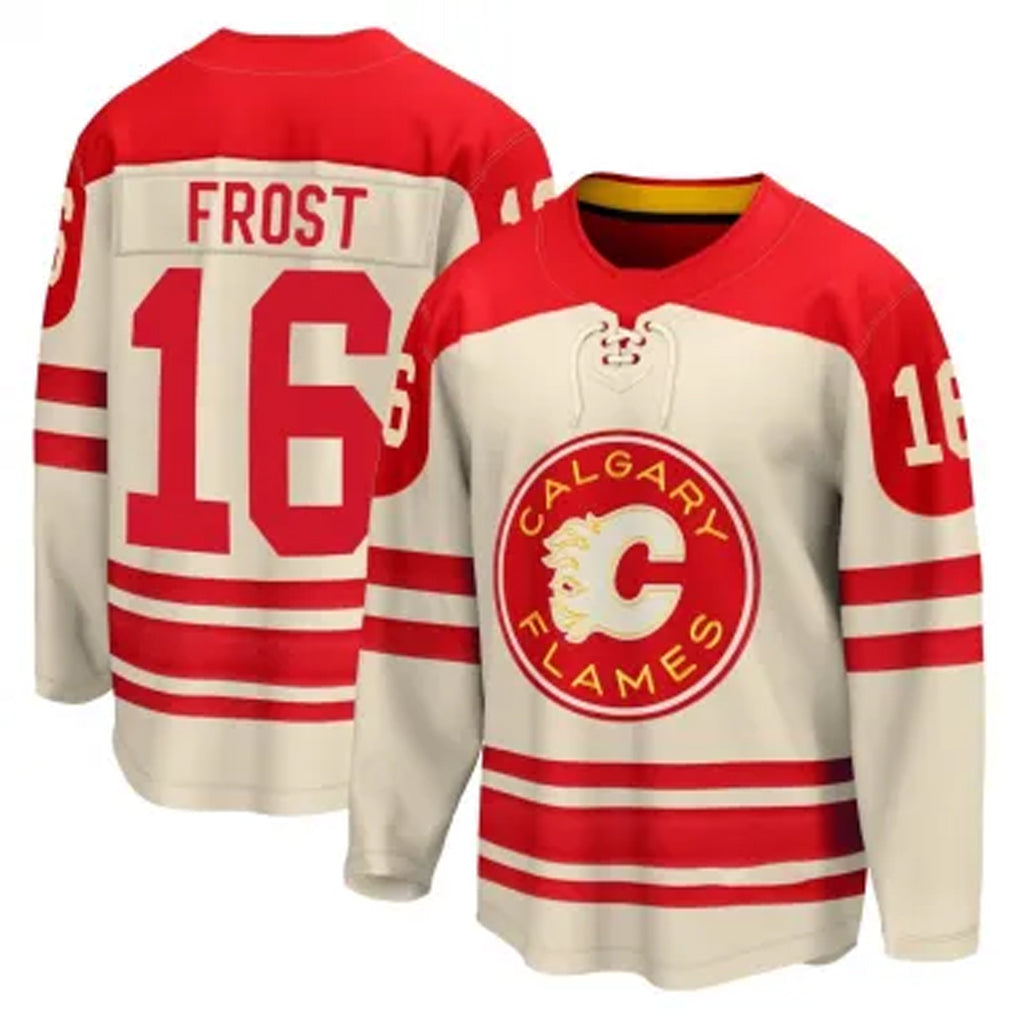 C.Flames #16 Morgan Frost Player Heritage Classic Fanatics Breakaway Cream Hockey Jerseys