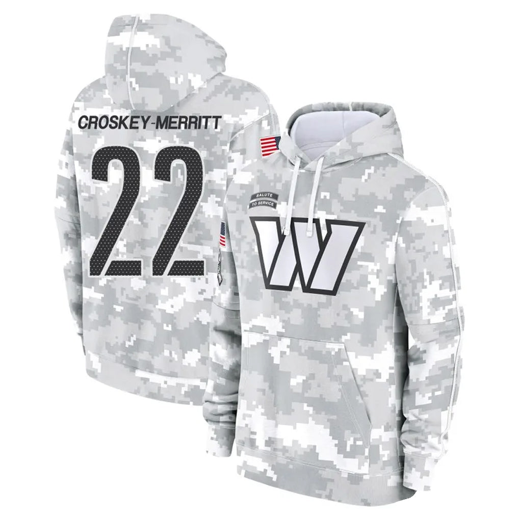 W.Commanders #22 Jacory Croskey-Merritt Player Arctic Camo Salute to Service Hoodies Football Jerseys